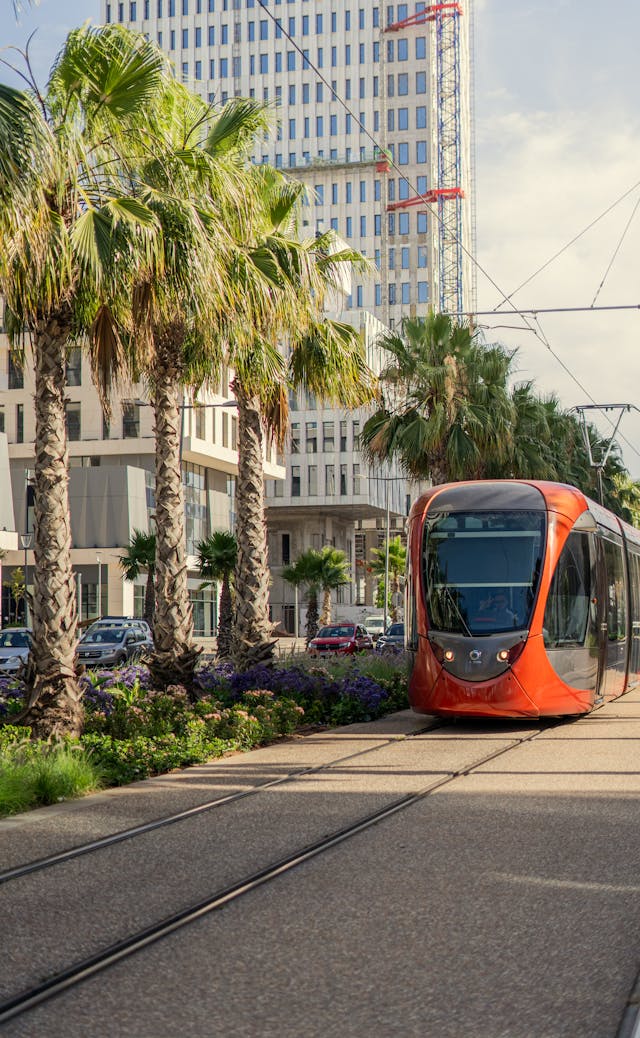 Casablanca Red Tramway in Sunlit Urban Setting