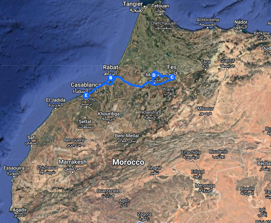 Map tour of Morocco Holidays from casablanca, in 5 Days