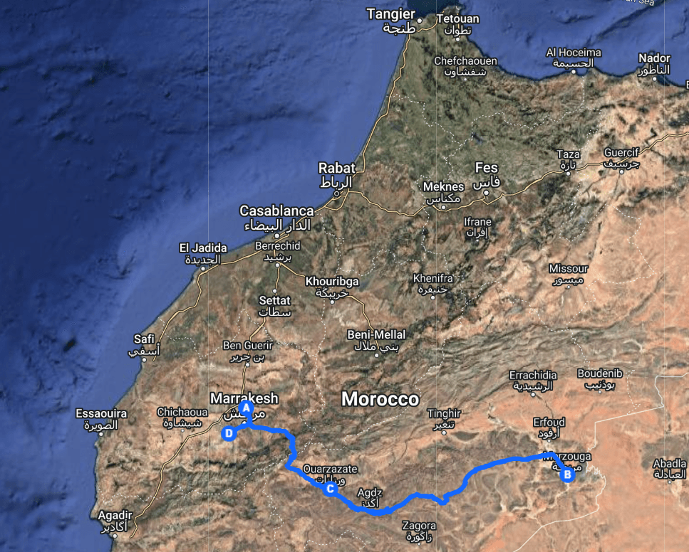 Morocco desert Tour From Marrakech in 5 Days Tour Map